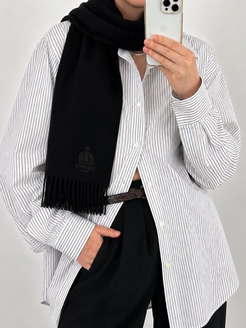 Vintage Lanvin Paris Wool Fringe Scarf Black